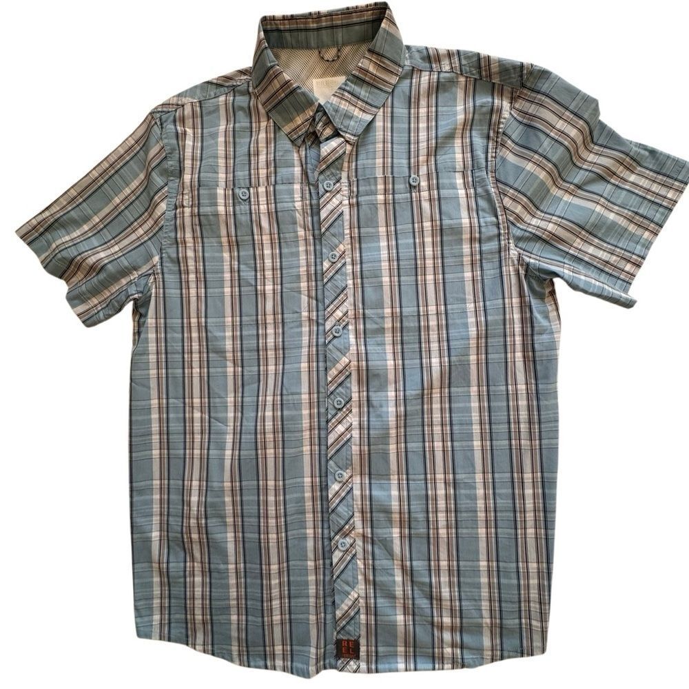 Reel Legends Button Down Shirt Blue Plaid Stripes Short Sleeves SZ M NWOT